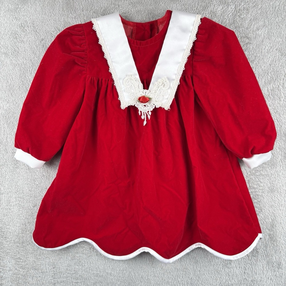 Evy Christmas Dress Baby Girl 24 Months Red‎ Velvet Rosette Lace USA Made VTG